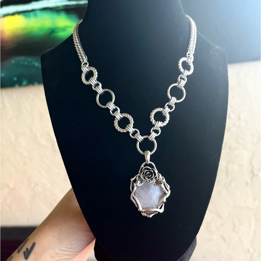Stainless steel necklace double chain light pink rose quartz gemstone rose charm - Picture 8 of 9